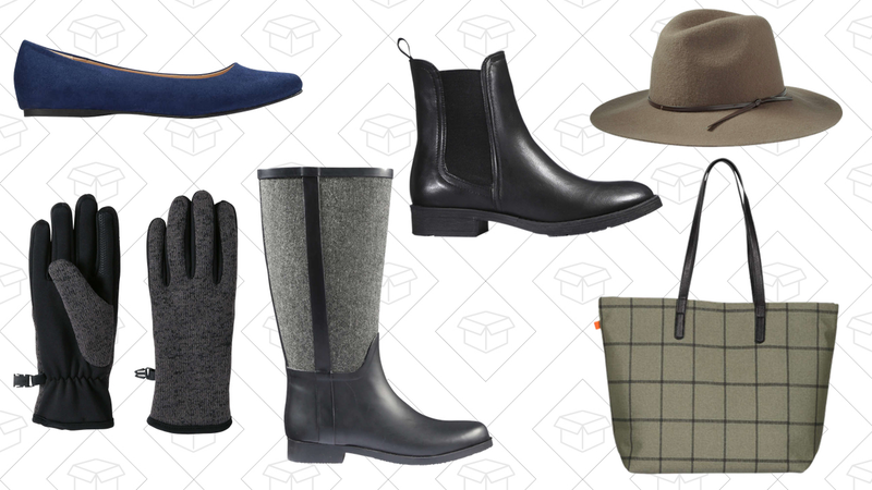Sueded Ballet Flats, $17 | Tech Gloves, $11 | Tweed Rain Boots, $34 | Ankle Boots, $44 | Wide Brim Fedora, $22 | Printed Tote, $14